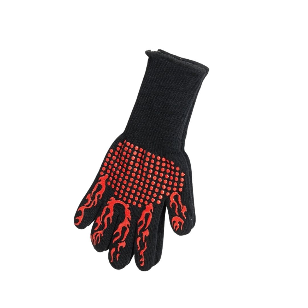Heat-resistant glove with flame design for barbecues