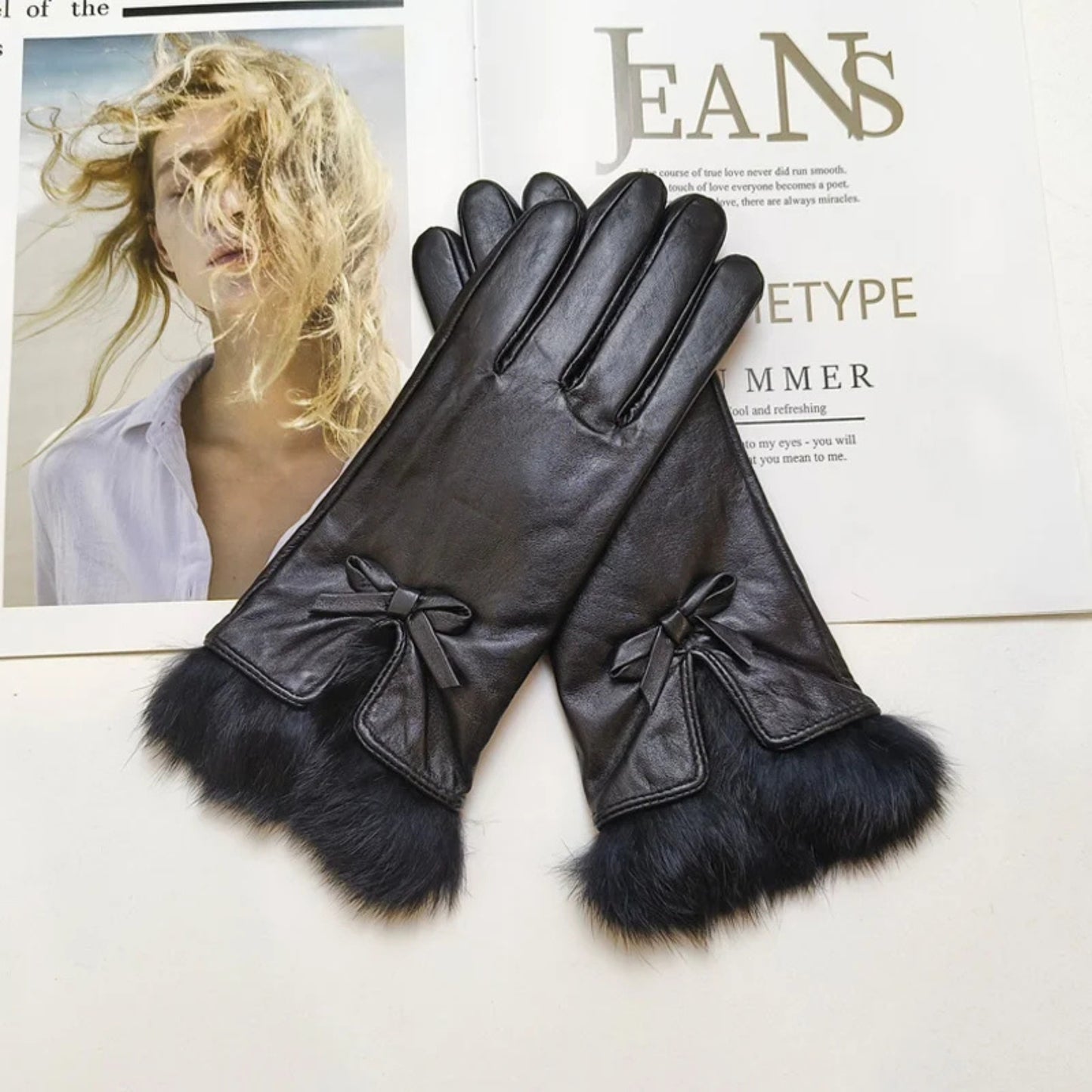 Gants cuir femme avec noeud papillon et doublure fourrure