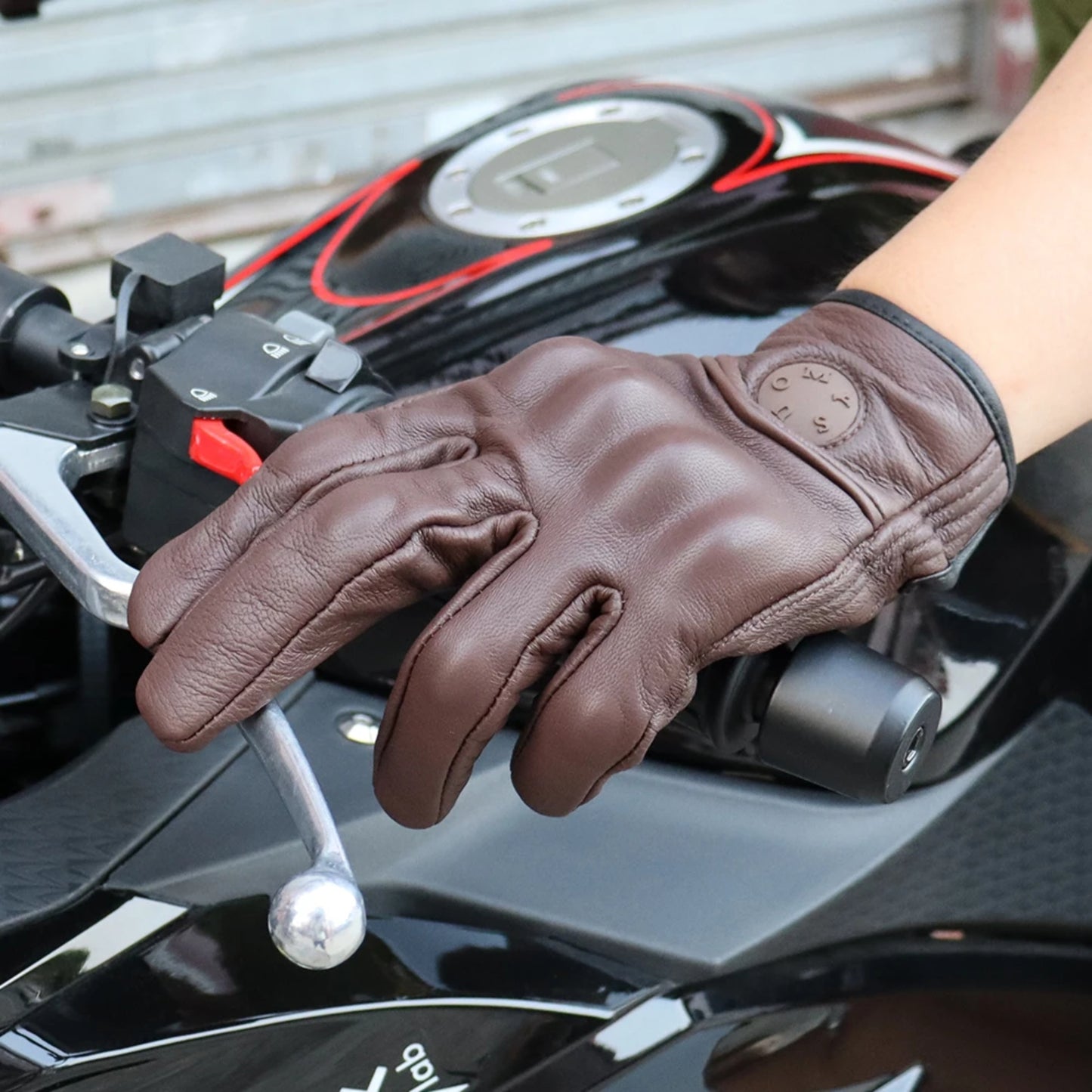 Gants moto vintage unisexe en cuir non perforé tactile