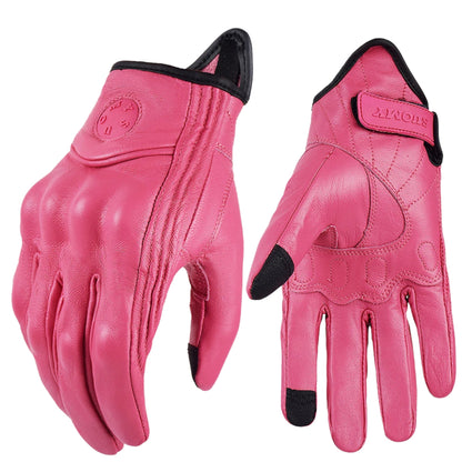 Gants moto femme rose en cuir rétro