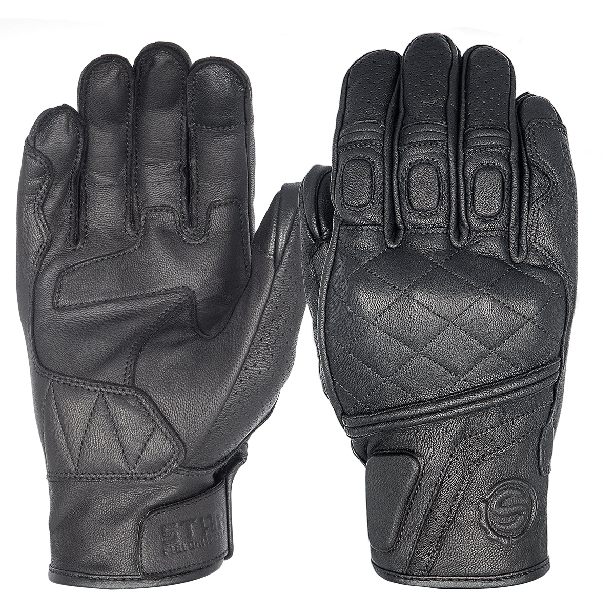 Gant moto vintage de haute qualité en cuir a carreaux noir sur fond blanc.