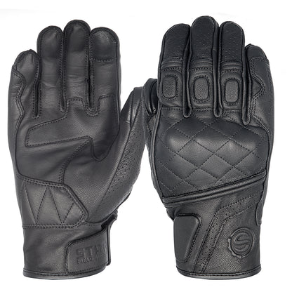 Gant moto vintage de haute qualité en cuir a carreaux noir sur fond blanc.