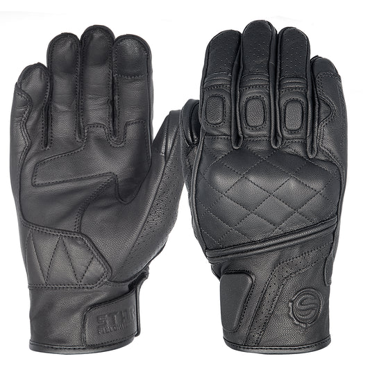 Gant moto vintage de haute qualité en cuir a carreaux noir sur fond blanc.