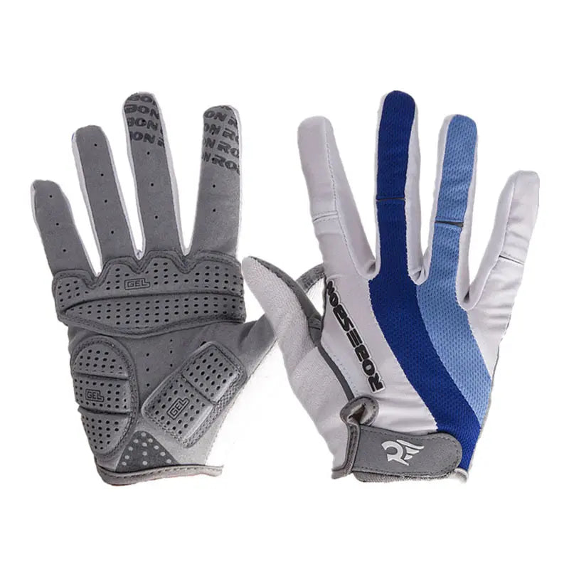 Gant VTT antidérapants bleu et blanc sur fond blanc