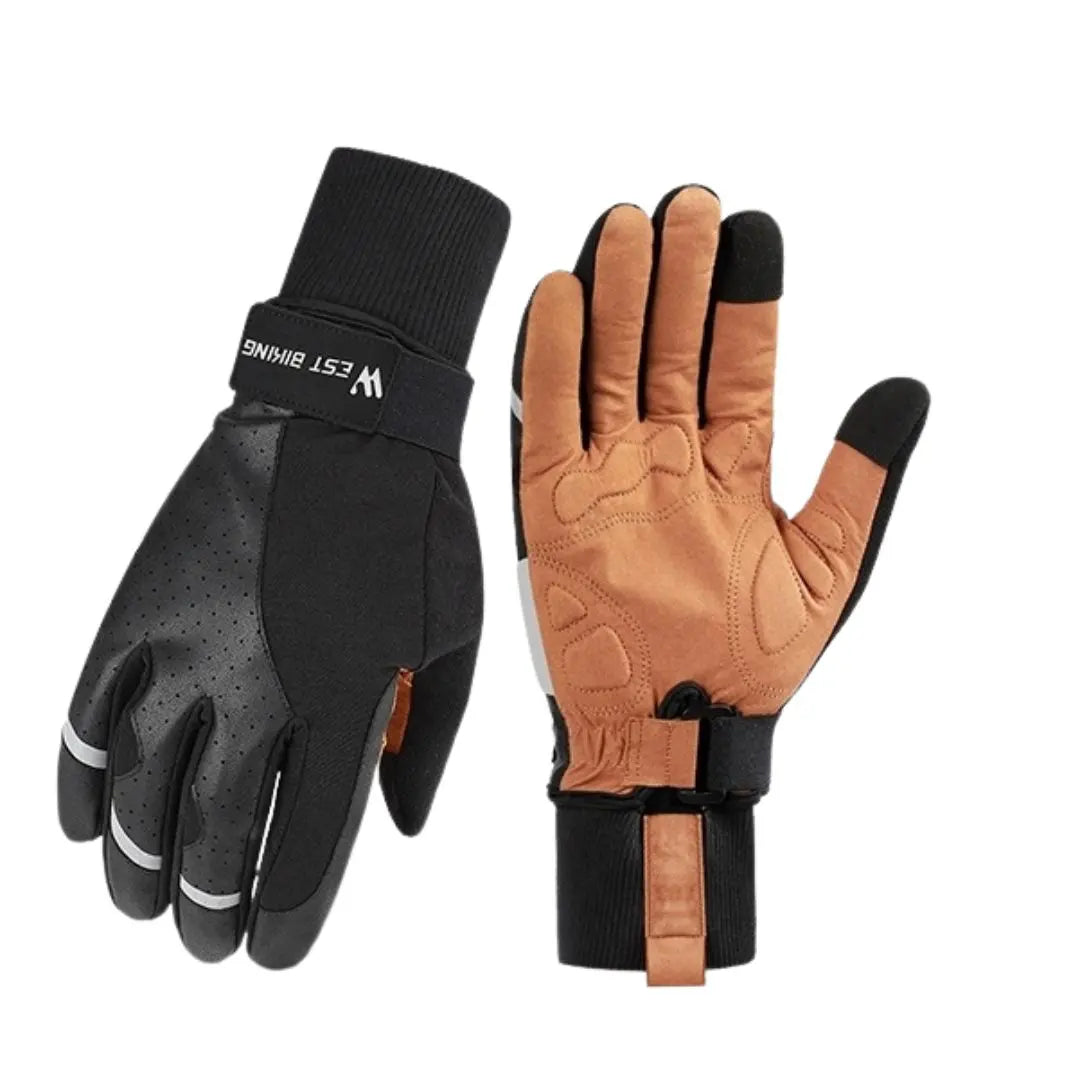 Gant vélos hiver de haute qualité noir et marron. Manche longue au niveau du poignet. L'image est sur fond blanc.