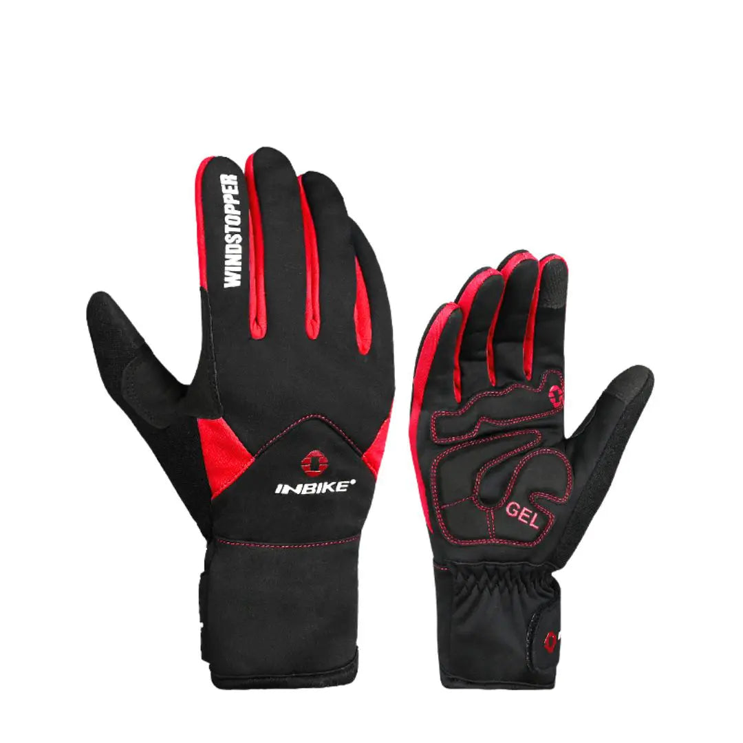 Gant vélo hiver rouge et noir avec gel rembourré. L'image est sur un fond blanc