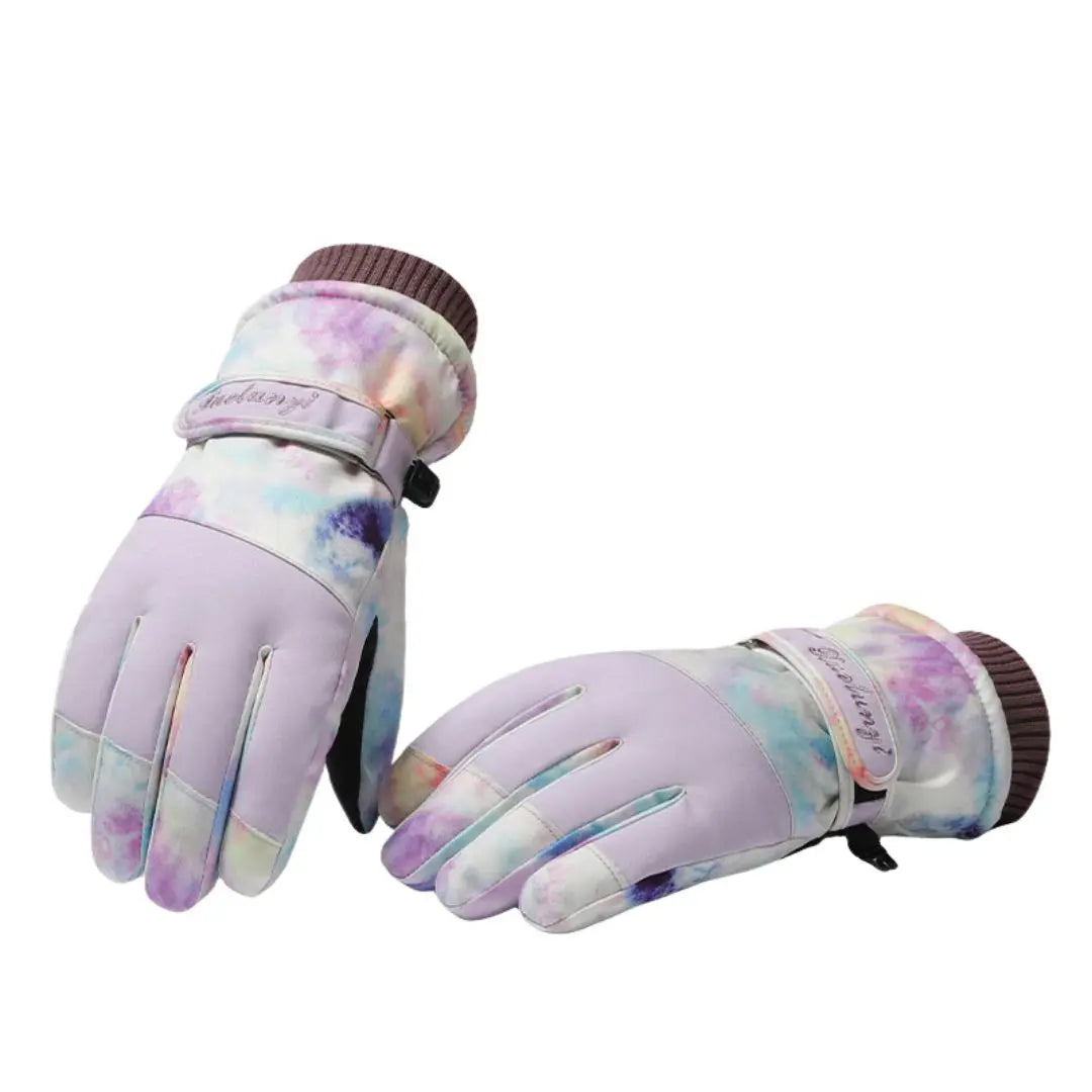 Gant de ski femme avec motifs colorés violet blanc, bleu et rose. L'image est sur fond blanc.