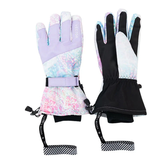 Gant de ski femme fashion avec motif violet, rose et blanc. L'image est sur fond blanc.