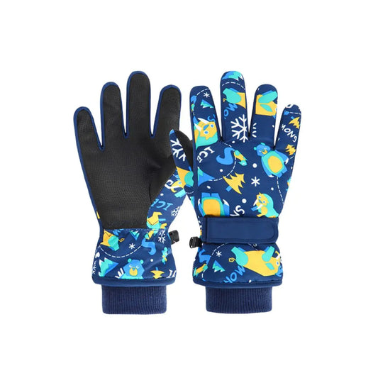 Gant de ski enfant avec motif bleu et jaune. L'image est sur fond blanc.