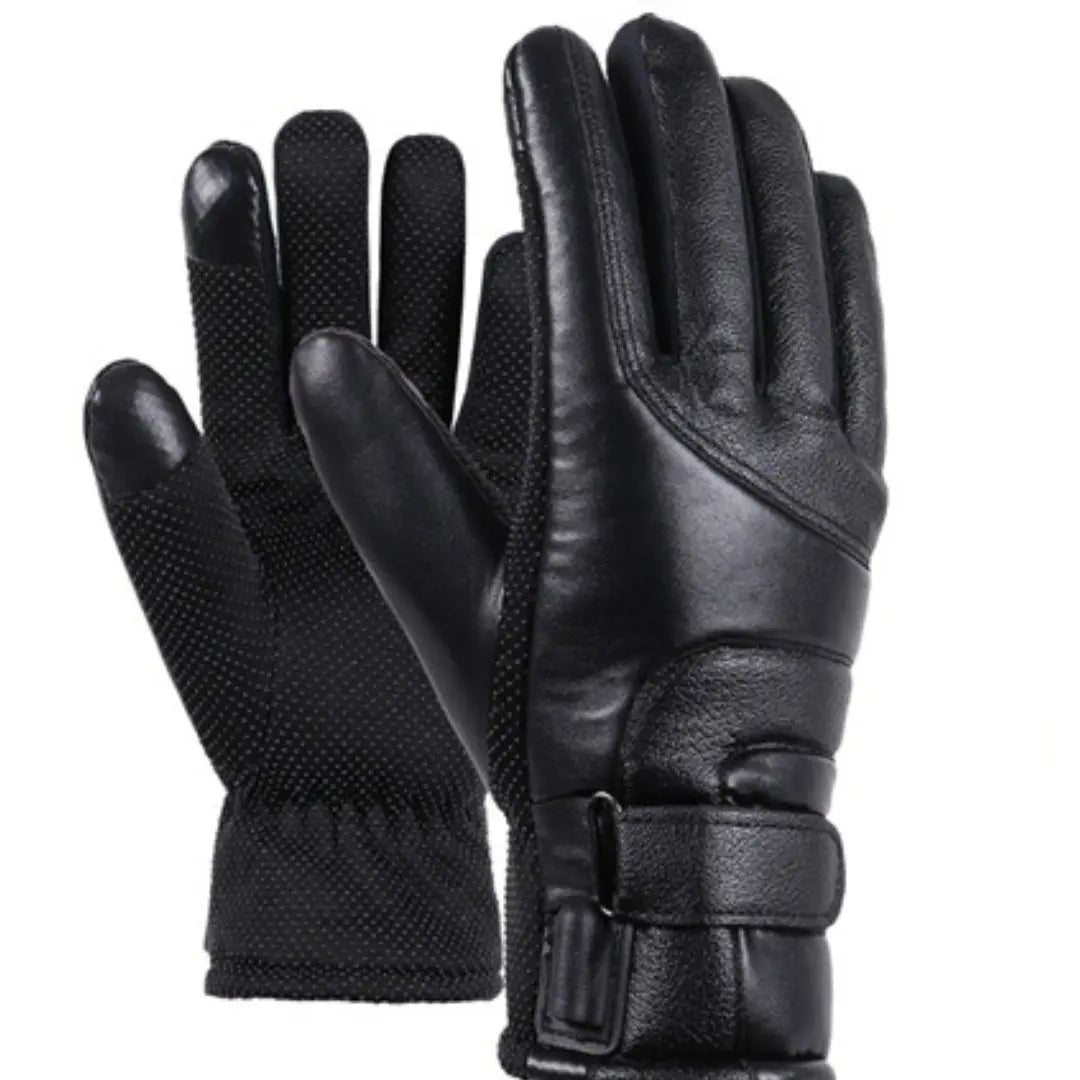 Gant chauffant ski noir rechargeable avec prise. L'image est sur fond blanc.