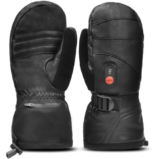 Gant chauffant ski moufle noir en cuir avec sangle réglable et bouton pour allumer la chaleur. L'image est sur fond blanc.