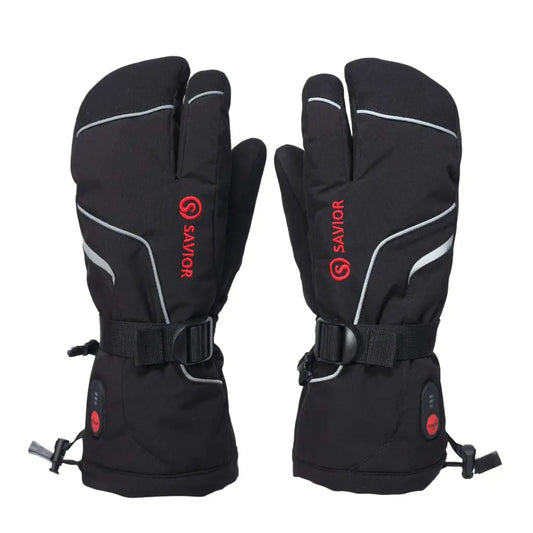 Gant chauffant ski à 3 doigts noir et rouge. L'image est sur fond blanc.