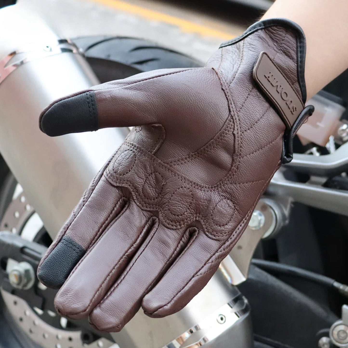 Gants moto vintage unisexe en cuir non perforé tactile