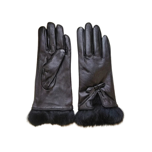 Gants cuir femme avec noeud papillon et doublure fourrure