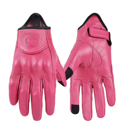 Gants moto femme rose en cuir rétro