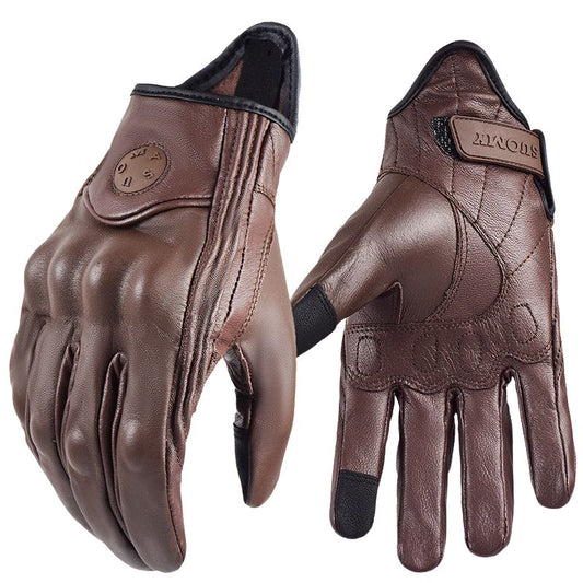 Gants moto vintage unisexe en cuir non perforé tactile