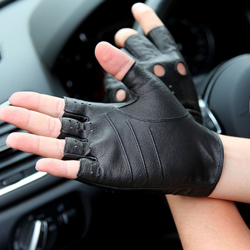 Half-finger driving gloves in breathable leather