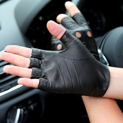 Half-finger driving gloves in breathable leather