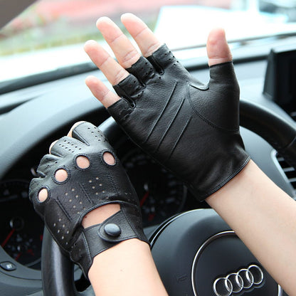 Half-finger driving gloves in breathable leather