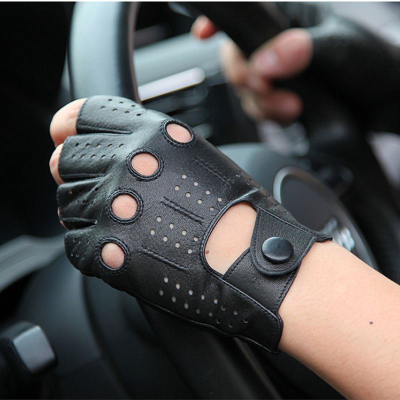 Half-finger driving gloves in breathable leather