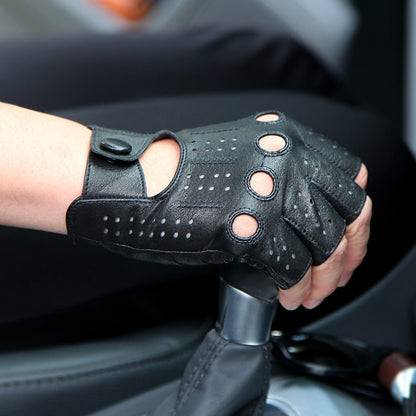 Half-finger driving gloves in breathable leather