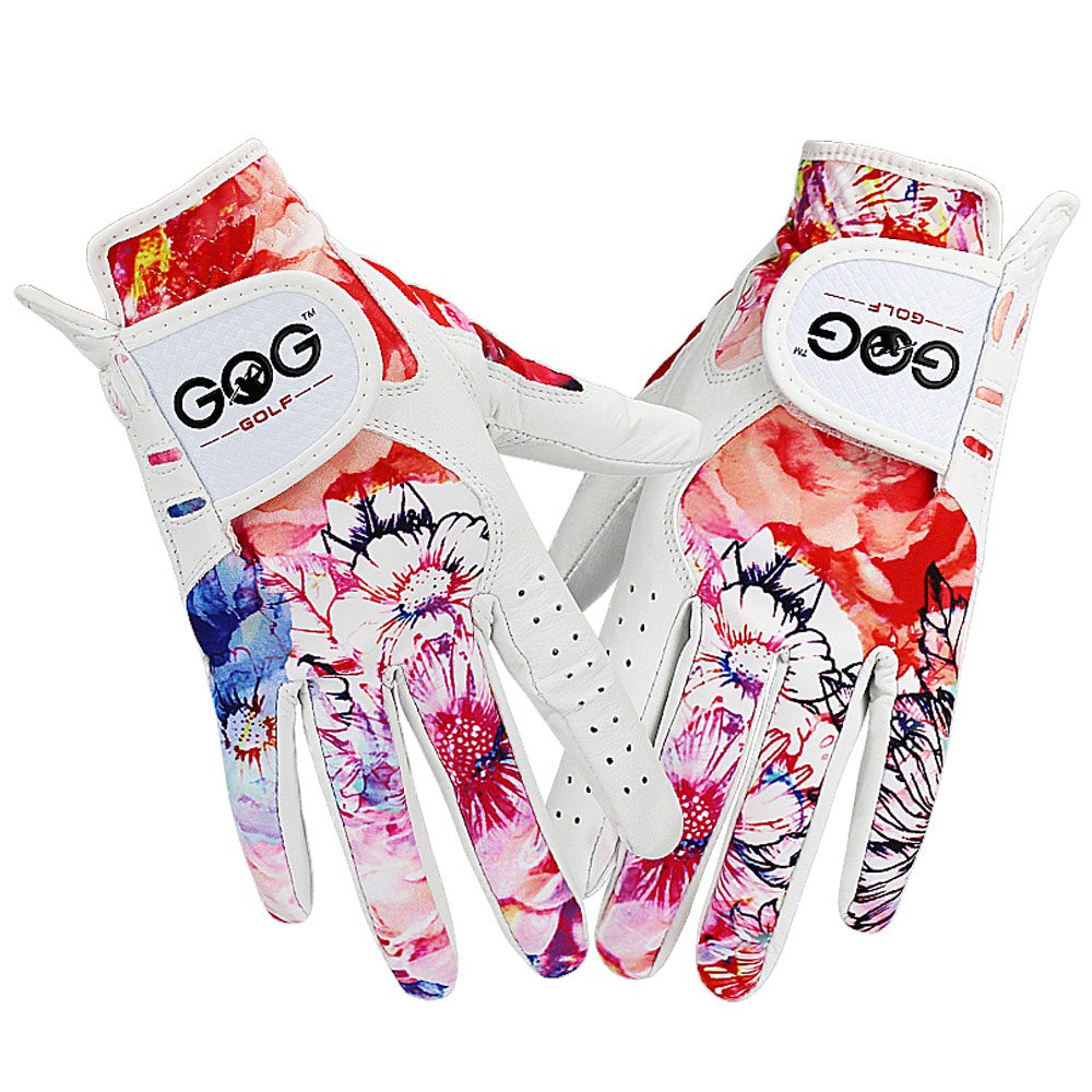 Guantes de golf de piel para mujer con estampados florales.