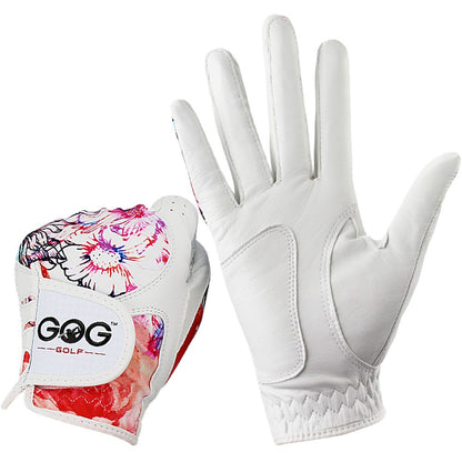 Guantes de golf de piel para mujer con estampados florales.