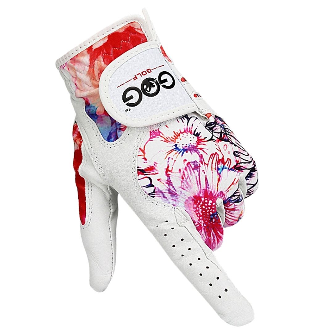Guantes de golf de piel para mujer con estampados florales.