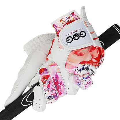 Guantes de golf de piel para mujer con estampados florales.