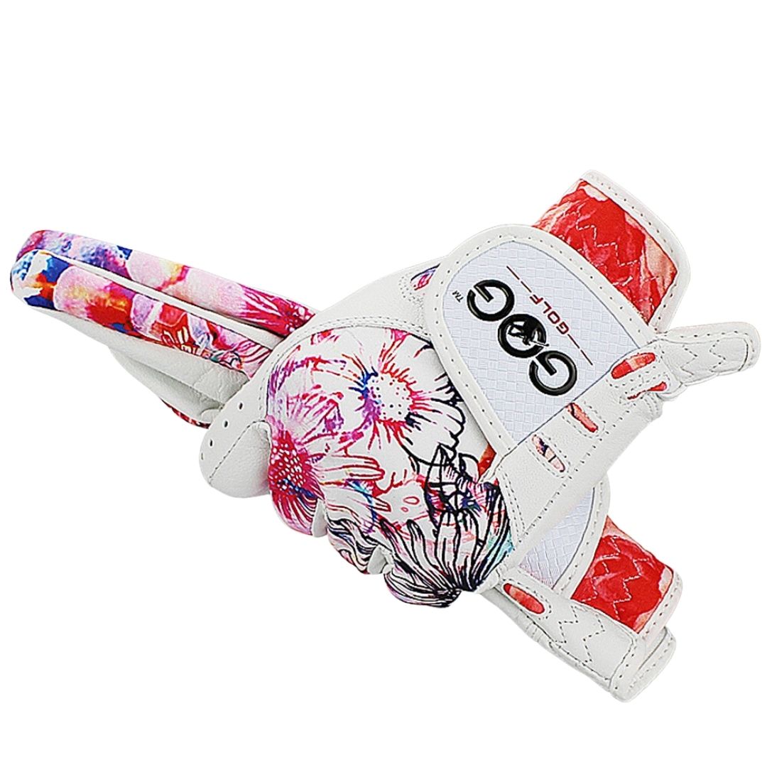 Guantes de golf de piel para mujer con estampados florales.