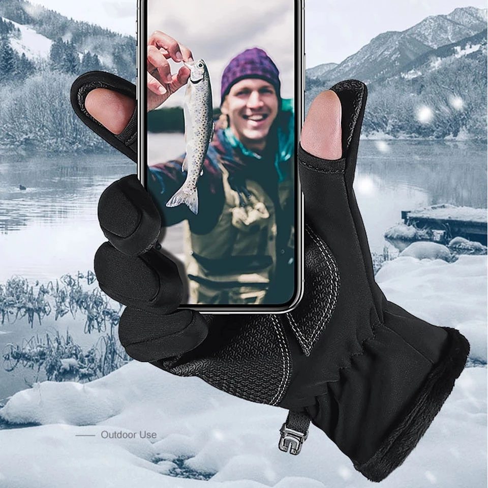 Gants de pêche hiver imperméables avec coupe à 2 doigts