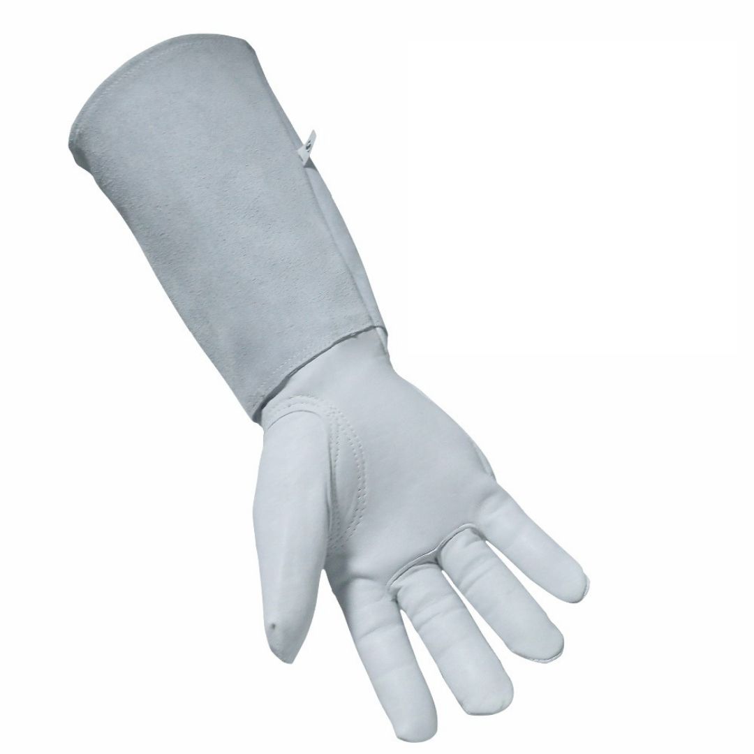 Guantes de soldadura largos de cuero gris con puños protectores