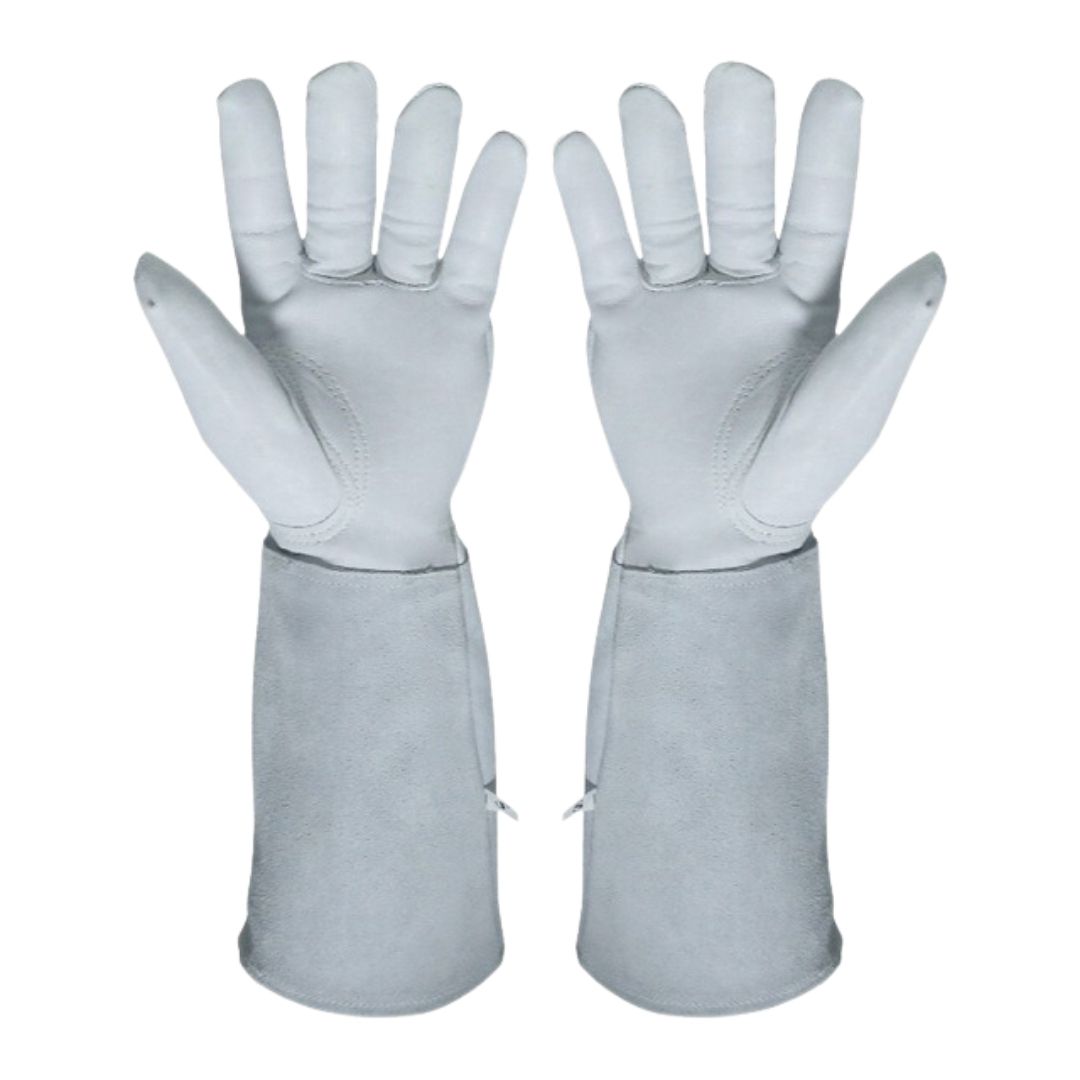 Guantes de soldadura largos de cuero gris con puños protectores