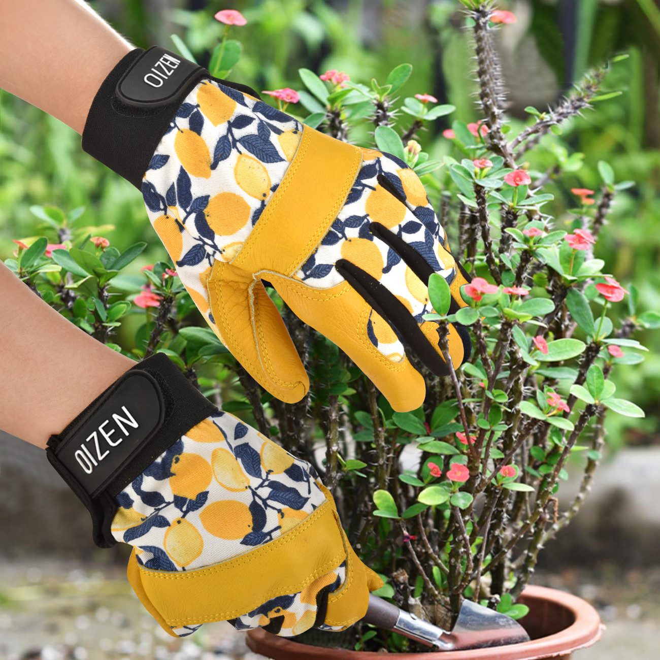 Gants jardinage jaunes en cuir avec motifs pour femmes