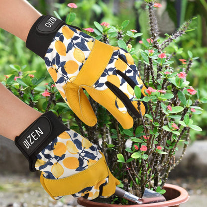 Gants jardinage jaunes en cuir avec motifs pour femmes