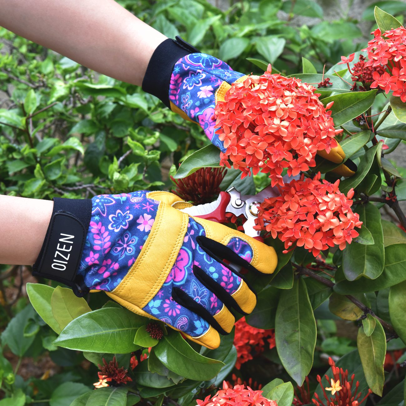 Gants jardinage jaunes en cuir avec motifs pour femmes