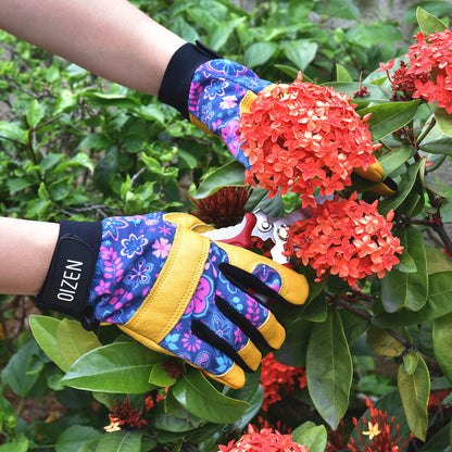 Gants jardinage jaunes en cuir avec motifs pour femmes