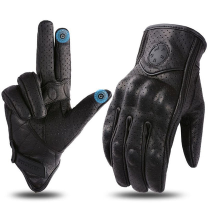 Unisex vintage motorcycle gloves in perforated touchscreen leather