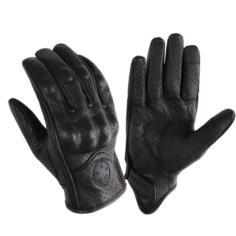 Unisex vintage motorcycle gloves in perforated touchscreen leather