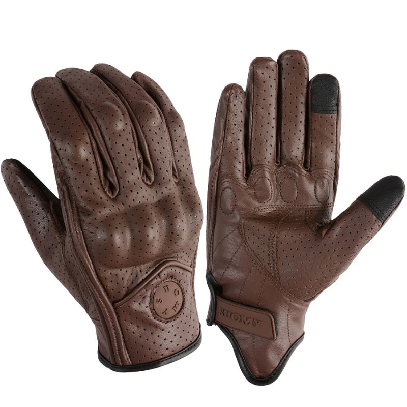 Unisex vintage motorcycle gloves in perforated touchscreen leather