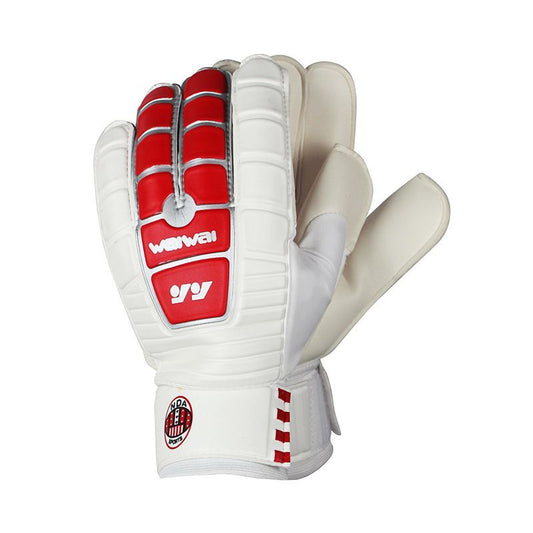 Gants de foot antidérapants pour gardien de but en blanc et rouge, conçus pour une protection et une adhérence optimales.