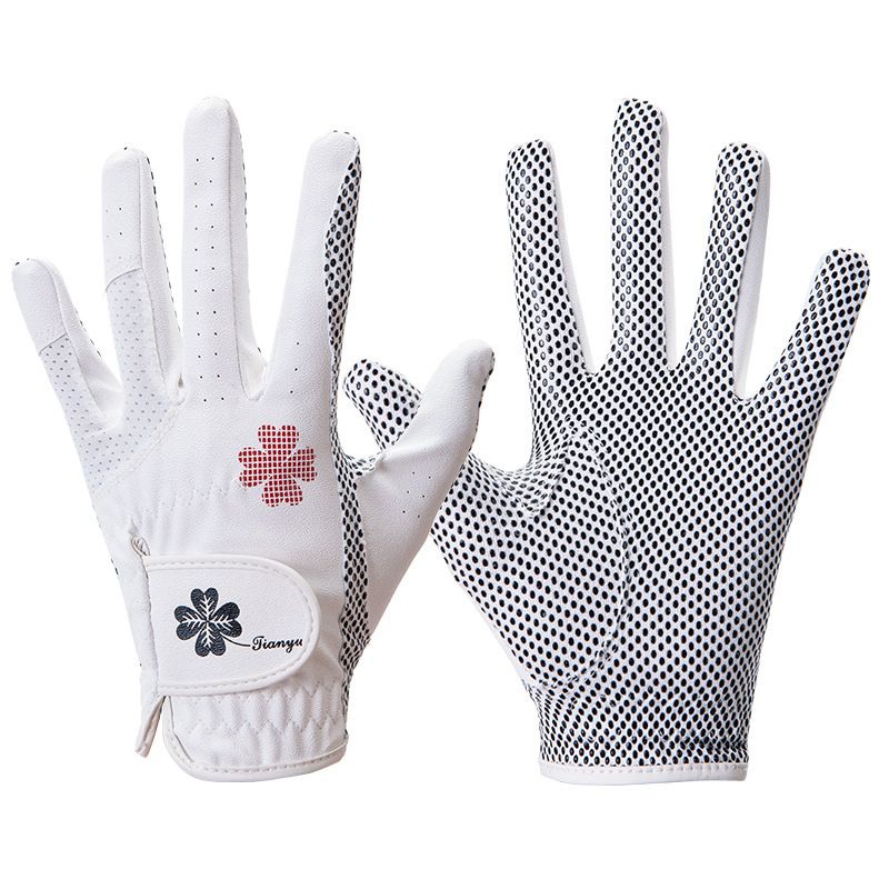 Colorful golf gloves with clover patterns