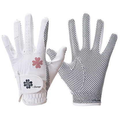 Colorful golf gloves with clover patterns