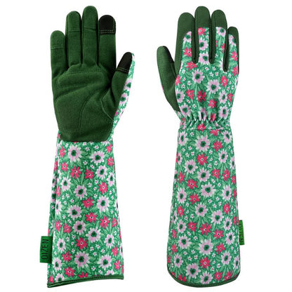 Guantes de jardinería de manga larga para mujer con estampados florales.