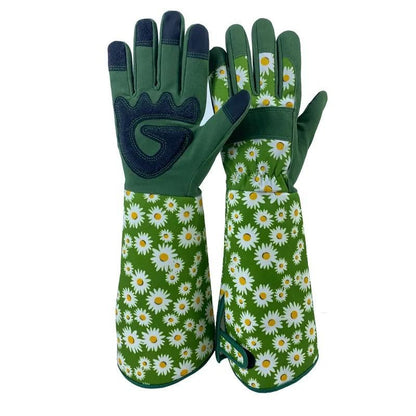 Guantes de jardinería de manga larga con estampados florales.