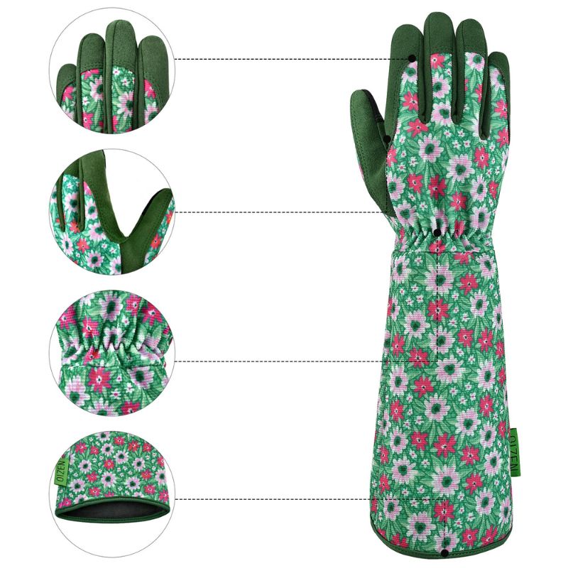 Guantes de jardinería de manga larga para mujer con estampados florales.