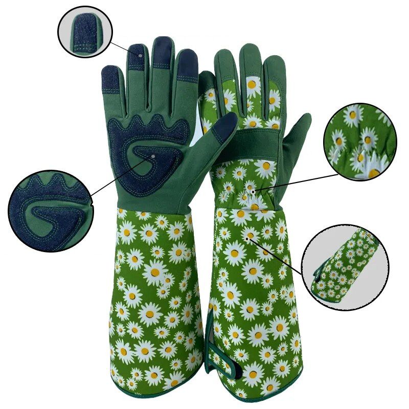 Guantes de jardinería de manga larga con estampados florales.
