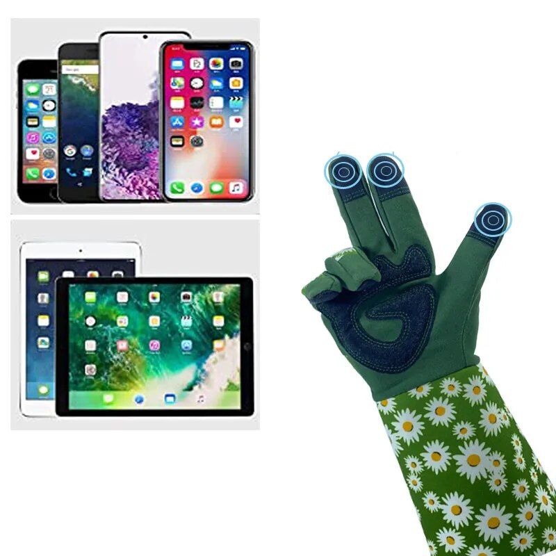 Guantes de jardinería de manga larga con estampados florales.