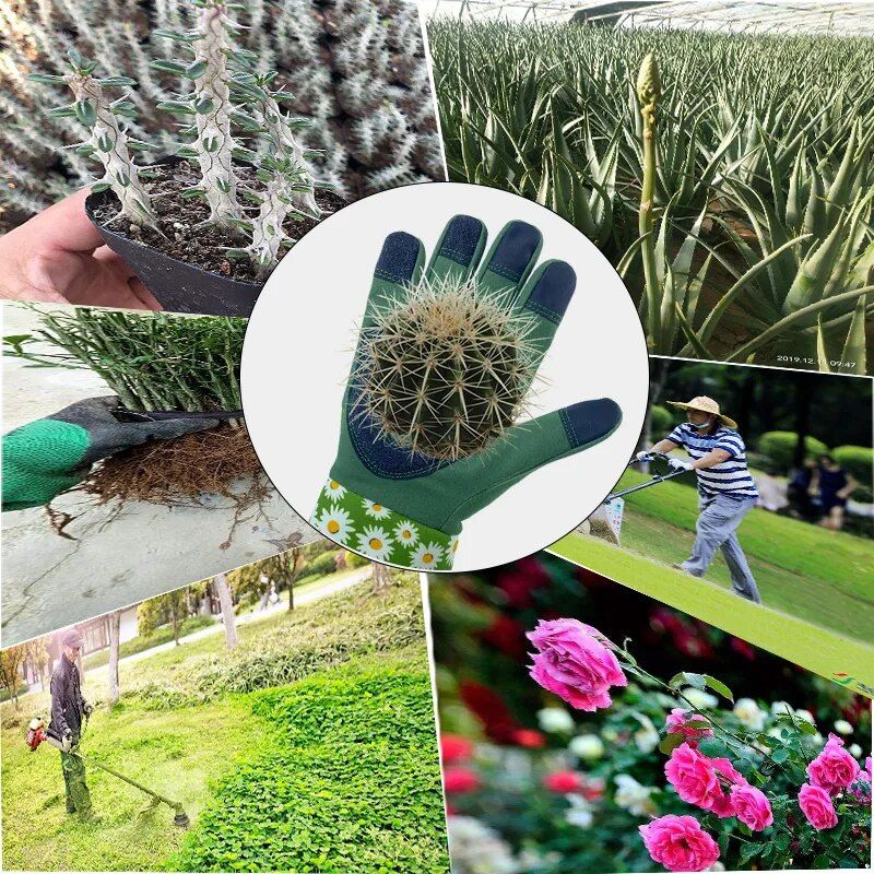 Guantes de jardinería de manga larga con estampados florales.