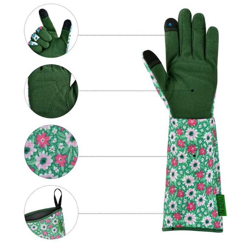 Guantes de jardinería de manga larga para mujer con estampados florales.